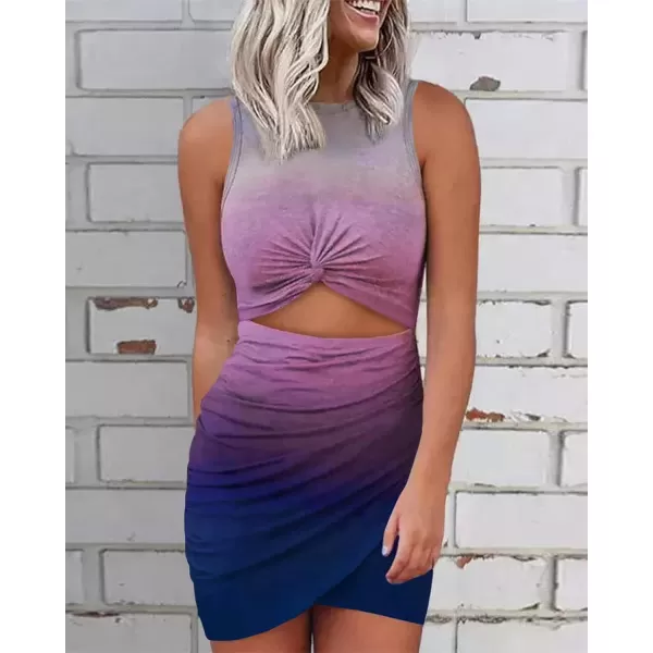 imageBTFBM Women 2023 Summer Sleeveless Casual Crewneck Bodycon Tank Dress Cutout Twist Slim Wrap Club Party Evening DressesTie Dye Pink Purple