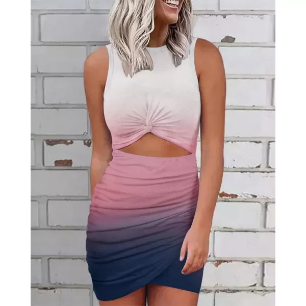 imageBTFBM Women 2023 Summer Sleeveless Casual Crewneck Bodycon Tank Dress Cutout Twist Slim Wrap Club Party Evening DressesTie Dye Pink White