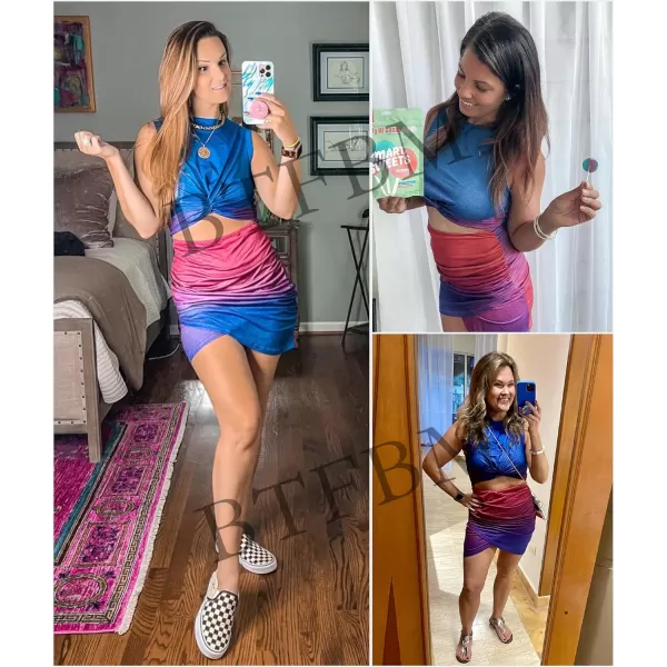 imageBTFBM Women 2023 Summer Sleeveless Casual Crewneck Bodycon Tank Dress Cutout Twist Slim Wrap Club Party Evening DressesTie Dye Purple Red