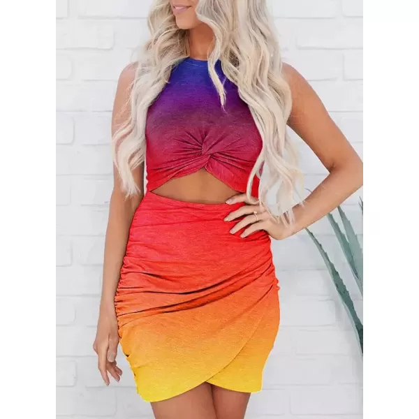 imageBTFBM Women 2023 Summer Sleeveless Casual Crewneck Bodycon Tank Dress Cutout Twist Slim Wrap Club Party Evening DressesTie Dye Purple Yellow