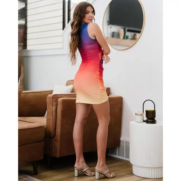 imageBTFBM Women 2023 Summer Sleeveless Casual Crewneck Bodycon Tank Dress Cutout Twist Slim Wrap Club Party Evening DressesTie Dye Purple Yellow