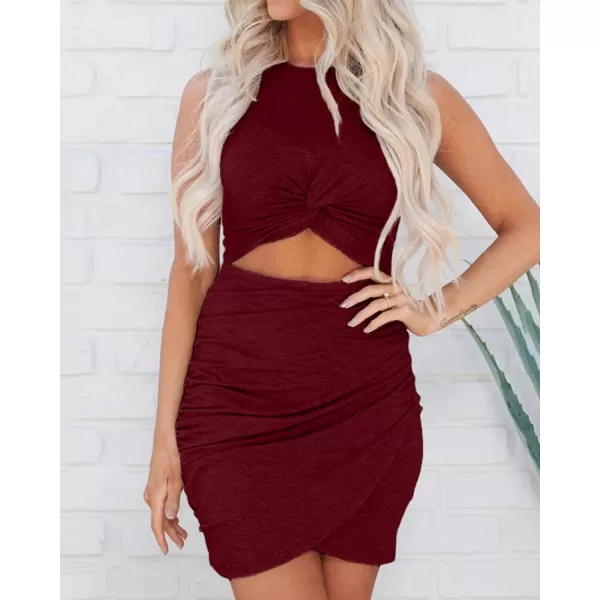 imageBTFBM Women 2023 Summer Sleeveless Casual Crewneck Bodycon Tank Dress Cutout Twist Slim Wrap Club Party Evening DressesWine Red
