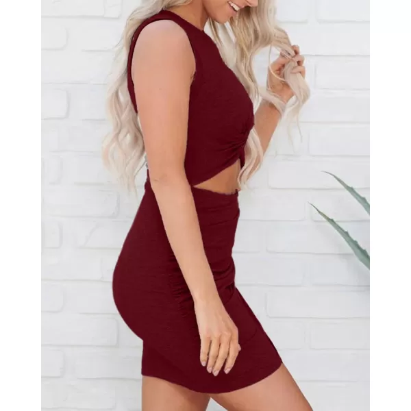 imageBTFBM Women 2023 Summer Sleeveless Casual Crewneck Bodycon Tank Dress Cutout Twist Slim Wrap Club Party Evening DressesWine Red