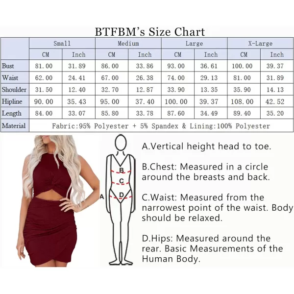 imageBTFBM Women 2023 Summer Sleeveless Casual Crewneck Bodycon Tank Dress Cutout Twist Slim Wrap Club Party Evening DressesWine Red