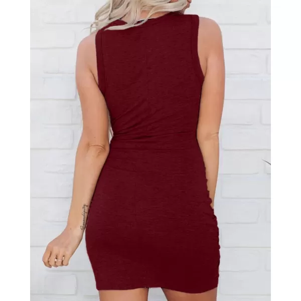 imageBTFBM Women 2023 Summer Sleeveless Casual Crewneck Bodycon Tank Dress Cutout Twist Slim Wrap Club Party Evening DressesWine Red