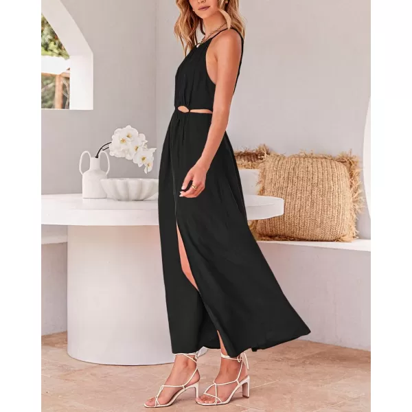 imageBTFBM Women 2023 Summer Sleeveless Cutout Halter Maxi Dress Backless Boho Casual Beach Party Cocktail Slit Sun DressesSolid Black