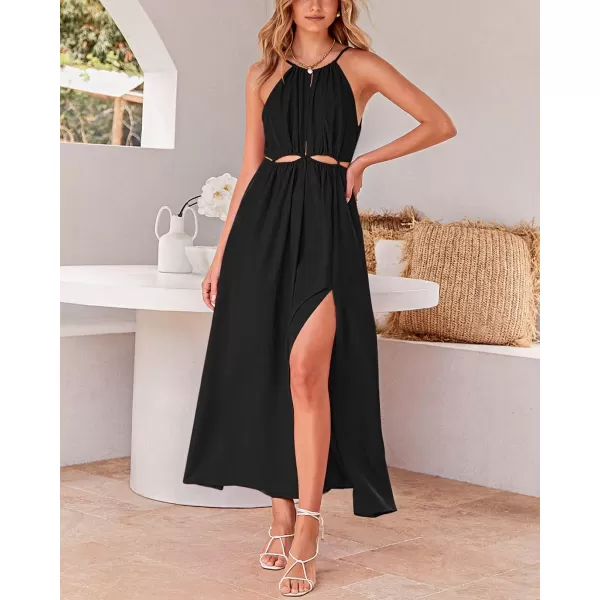 imageBTFBM Women 2023 Summer Sleeveless Cutout Halter Maxi Dress Backless Boho Casual Beach Party Cocktail Slit Sun DressesSolid Black