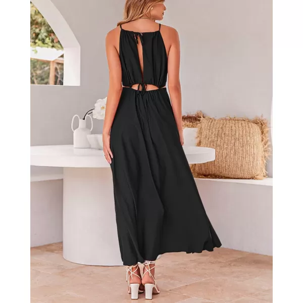 imageBTFBM Women 2023 Summer Sleeveless Cutout Halter Maxi Dress Backless Boho Casual Beach Party Cocktail Slit Sun DressesSolid Black