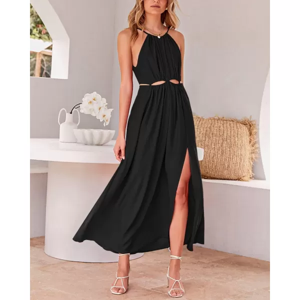 imageBTFBM Women 2023 Summer Sleeveless Cutout Halter Maxi Dress Backless Boho Casual Beach Party Cocktail Slit Sun DressesSolid Black