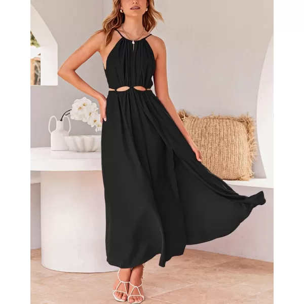imageBTFBM Women 2023 Summer Sleeveless Cutout Halter Maxi Dress Backless Boho Casual Beach Party Cocktail Slit Sun DressesSolid Black