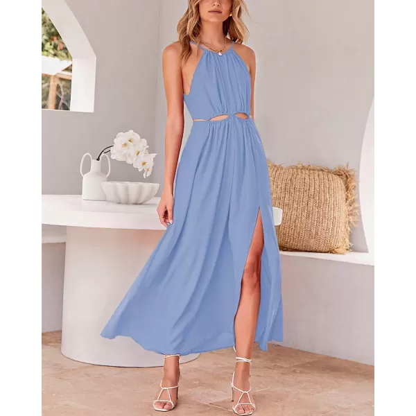 imageBTFBM Women 2023 Summer Sleeveless Cutout Halter Maxi Dress Backless Boho Casual Beach Party Cocktail Slit Sun DressesSolid Blue