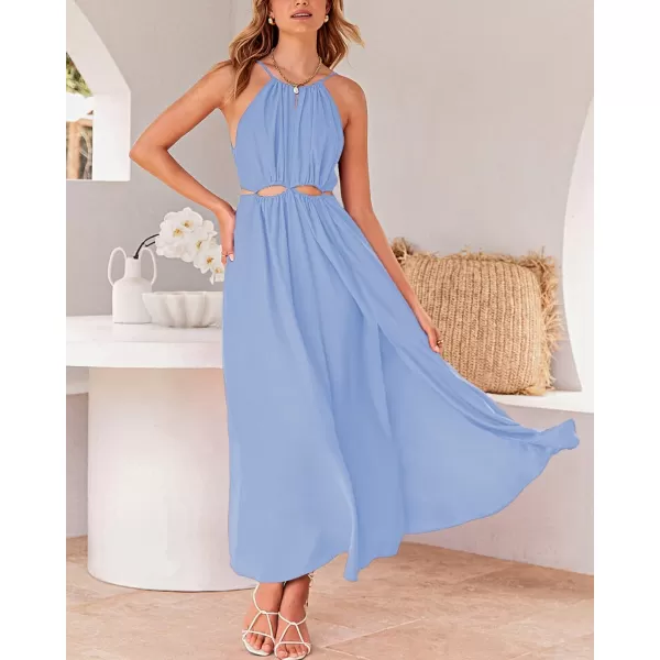 imageBTFBM Women 2023 Summer Sleeveless Cutout Halter Maxi Dress Backless Boho Casual Beach Party Cocktail Slit Sun DressesSolid Blue