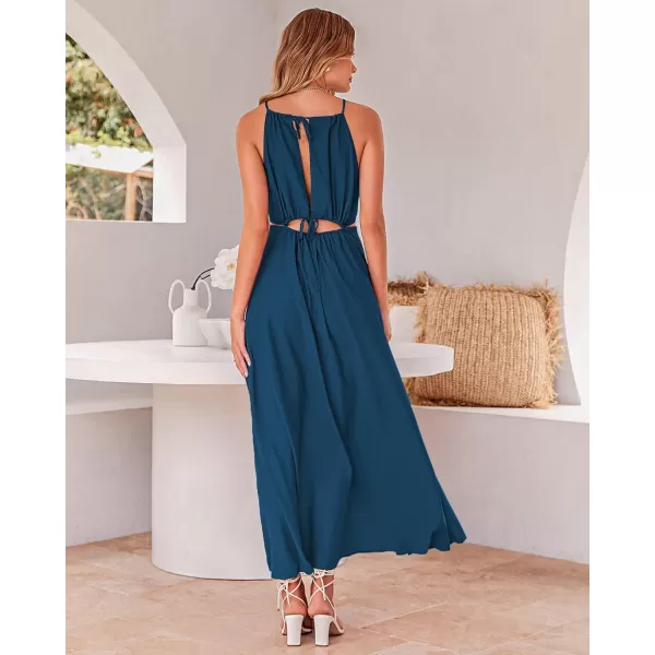 imageBTFBM Women 2023 Summer Sleeveless Cutout Halter Maxi Dress Backless Boho Casual Beach Party Cocktail Slit Sun DressesSolid Dark Blue