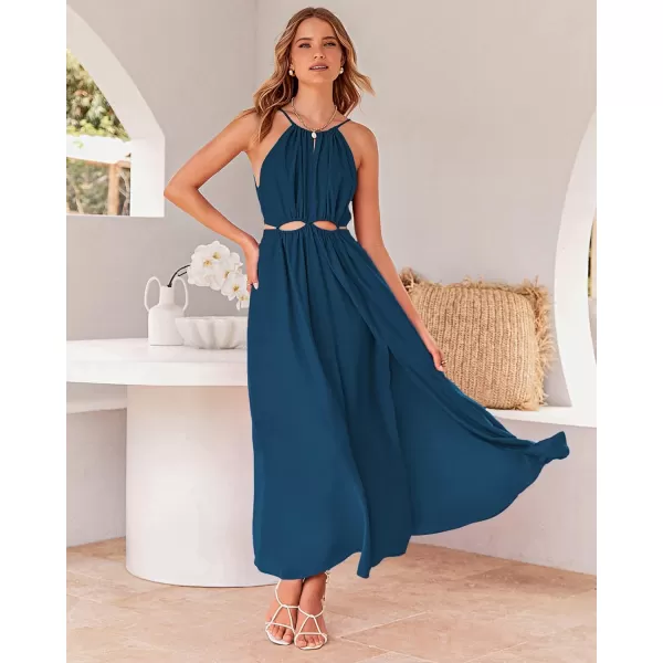 imageBTFBM Women 2023 Summer Sleeveless Cutout Halter Maxi Dress Backless Boho Casual Beach Party Cocktail Slit Sun DressesSolid Dark Blue