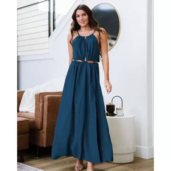imageBTFBM Women 2023 Summer Sleeveless Cutout Halter Maxi Dress Backless Boho Casual Beach Party Cocktail Slit Sun DressesSolid Dark Blue