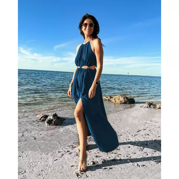 imageBTFBM Women 2023 Summer Sleeveless Cutout Halter Maxi Dress Backless Boho Casual Beach Party Cocktail Slit Sun DressesSolid Dark Blue