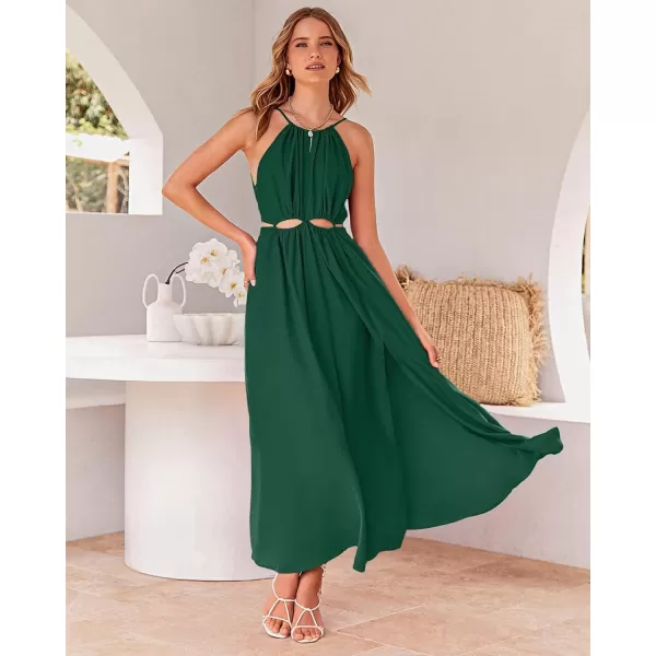 imageBTFBM Women 2023 Summer Sleeveless Cutout Halter Maxi Dress Backless Boho Casual Beach Party Cocktail Slit Sun DressesSolid Dark Green