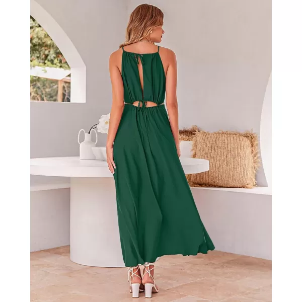 imageBTFBM Women 2023 Summer Sleeveless Cutout Halter Maxi Dress Backless Boho Casual Beach Party Cocktail Slit Sun DressesSolid Dark Green