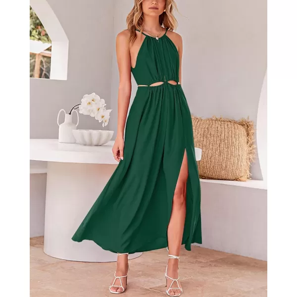 imageBTFBM Women 2023 Summer Sleeveless Cutout Halter Maxi Dress Backless Boho Casual Beach Party Cocktail Slit Sun DressesSolid Dark Green