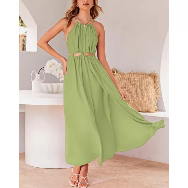 imageBTFBM Women 2023 Summer Sleeveless Cutout Halter Maxi Dress Backless Boho Casual Beach Party Cocktail Slit Sun DressesSolid Green
