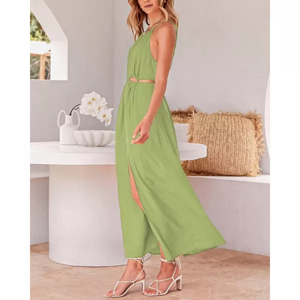 imageBTFBM Women 2023 Summer Sleeveless Cutout Halter Maxi Dress Backless Boho Casual Beach Party Cocktail Slit Sun DressesSolid Green