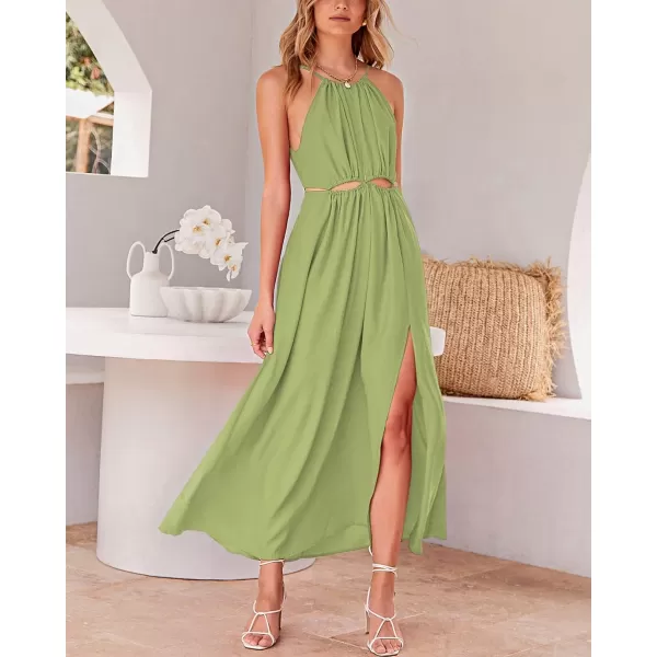 imageBTFBM Women 2023 Summer Sleeveless Cutout Halter Maxi Dress Backless Boho Casual Beach Party Cocktail Slit Sun DressesSolid Green