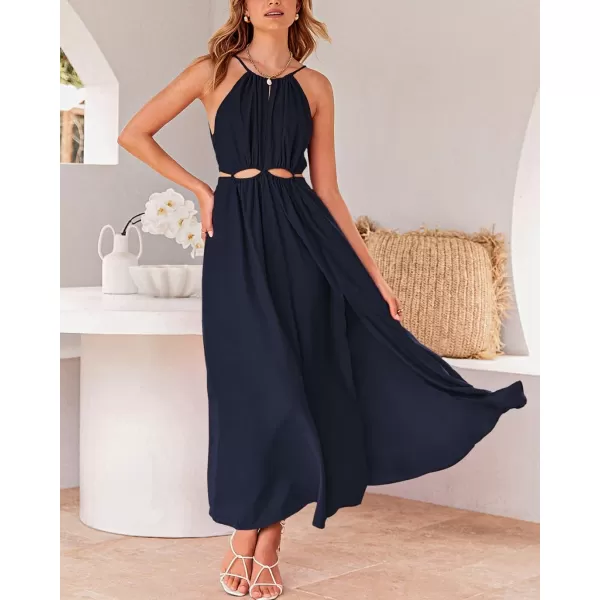 imageBTFBM Women 2023 Summer Sleeveless Cutout Halter Maxi Dress Backless Boho Casual Beach Party Cocktail Slit Sun DressesSolid Navy