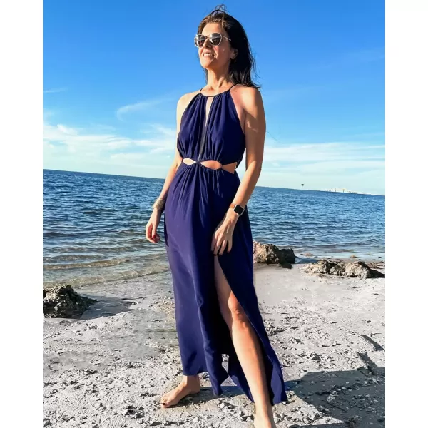 imageBTFBM Women 2023 Summer Sleeveless Cutout Halter Maxi Dress Backless Boho Casual Beach Party Cocktail Slit Sun DressesSolid Navy