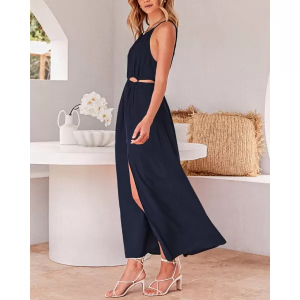 imageBTFBM Women 2023 Summer Sleeveless Cutout Halter Maxi Dress Backless Boho Casual Beach Party Cocktail Slit Sun DressesSolid Navy