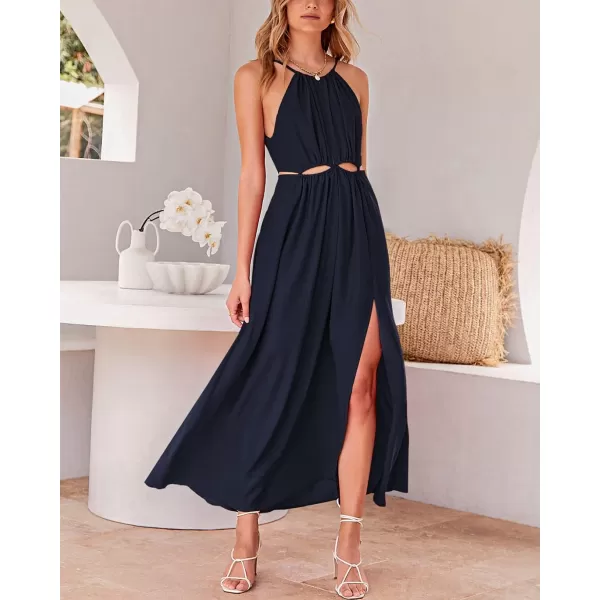 imageBTFBM Women 2023 Summer Sleeveless Cutout Halter Maxi Dress Backless Boho Casual Beach Party Cocktail Slit Sun DressesSolid Navy
