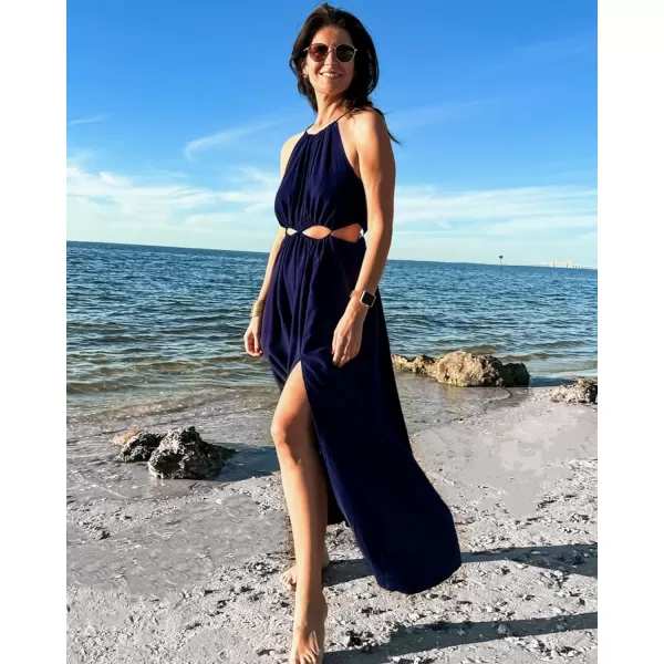 imageBTFBM Women 2023 Summer Sleeveless Cutout Halter Maxi Dress Backless Boho Casual Beach Party Cocktail Slit Sun DressesSolid Navy