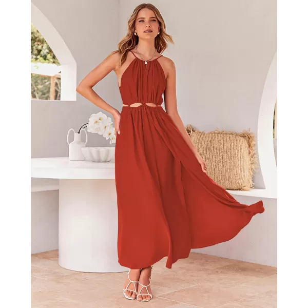 imageBTFBM Women 2023 Summer Sleeveless Cutout Halter Maxi Dress Backless Boho Casual Beach Party Cocktail Slit Sun DressesSolid Orange Red