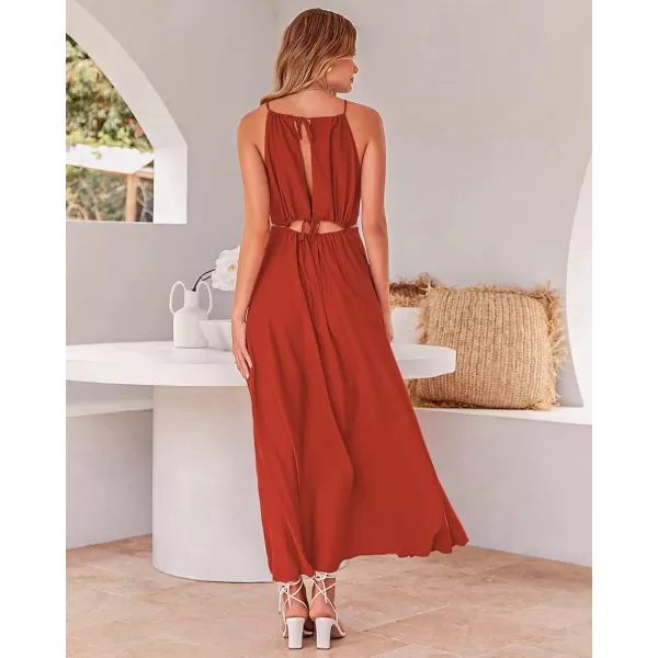 imageBTFBM Women 2023 Summer Sleeveless Cutout Halter Maxi Dress Backless Boho Casual Beach Party Cocktail Slit Sun DressesSolid Orange Red