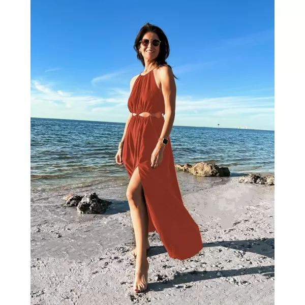 imageBTFBM Women 2023 Summer Sleeveless Cutout Halter Maxi Dress Backless Boho Casual Beach Party Cocktail Slit Sun DressesSolid Orange Red