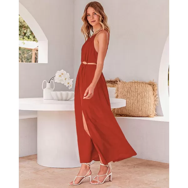 imageBTFBM Women 2023 Summer Sleeveless Cutout Halter Maxi Dress Backless Boho Casual Beach Party Cocktail Slit Sun DressesSolid Orange Red