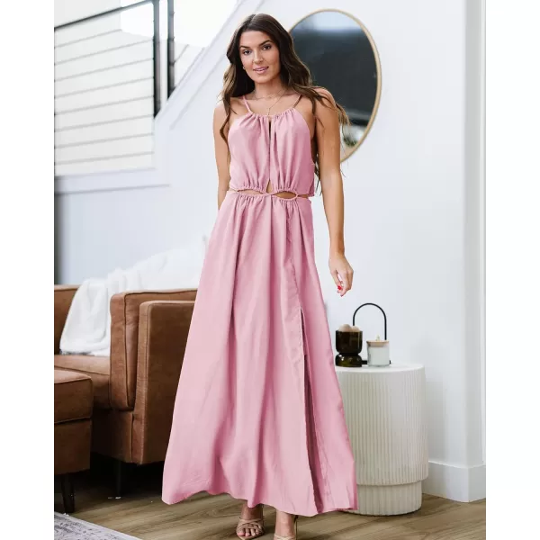 imageBTFBM Women 2023 Summer Sleeveless Cutout Halter Maxi Dress Backless Boho Casual Beach Party Cocktail Slit Sun DressesSolid Pink