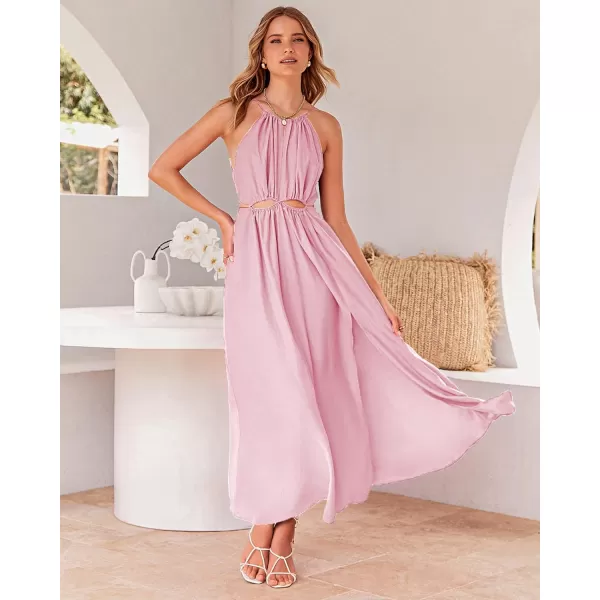 imageBTFBM Women 2023 Summer Sleeveless Cutout Halter Maxi Dress Backless Boho Casual Beach Party Cocktail Slit Sun DressesSolid Pink