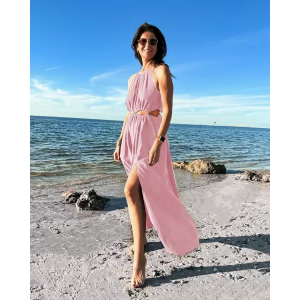imageBTFBM Women 2023 Summer Sleeveless Cutout Halter Maxi Dress Backless Boho Casual Beach Party Cocktail Slit Sun DressesSolid Pink