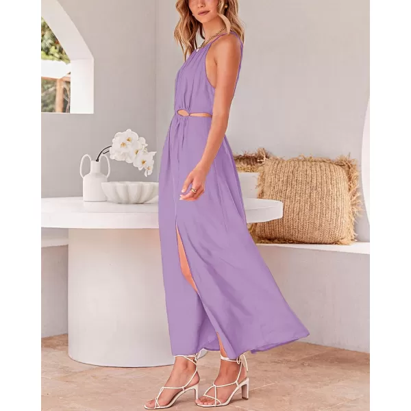 imageBTFBM Women 2023 Summer Sleeveless Cutout Halter Maxi Dress Backless Boho Casual Beach Party Cocktail Slit Sun DressesSolid Purple