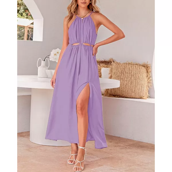 imageBTFBM Women 2023 Summer Sleeveless Cutout Halter Maxi Dress Backless Boho Casual Beach Party Cocktail Slit Sun DressesSolid Purple