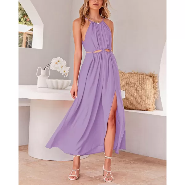 imageBTFBM Women 2023 Summer Sleeveless Cutout Halter Maxi Dress Backless Boho Casual Beach Party Cocktail Slit Sun DressesSolid Purple