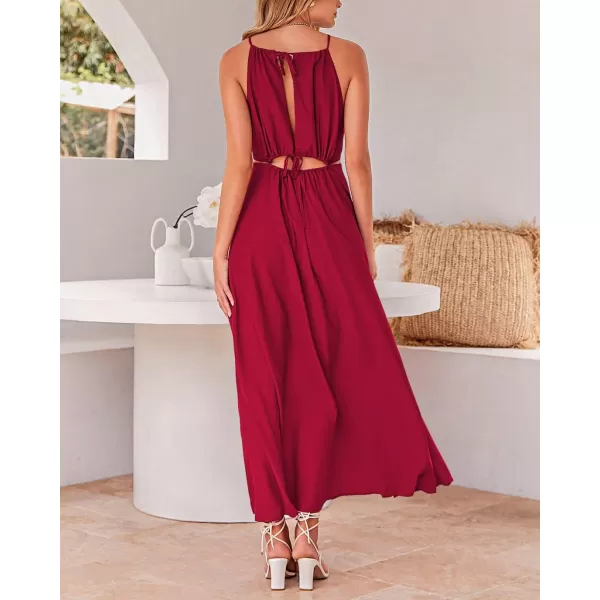 imageBTFBM Women 2023 Summer Sleeveless Cutout Halter Maxi Dress Backless Boho Casual Beach Party Cocktail Slit Sun DressesSolid Red