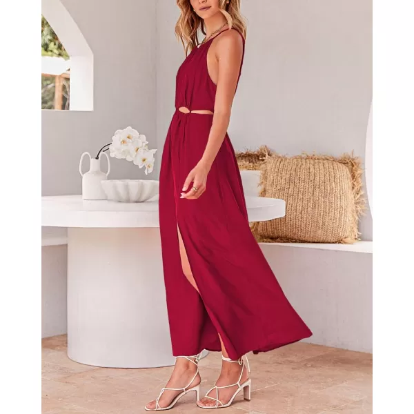 imageBTFBM Women 2023 Summer Sleeveless Cutout Halter Maxi Dress Backless Boho Casual Beach Party Cocktail Slit Sun DressesSolid Red