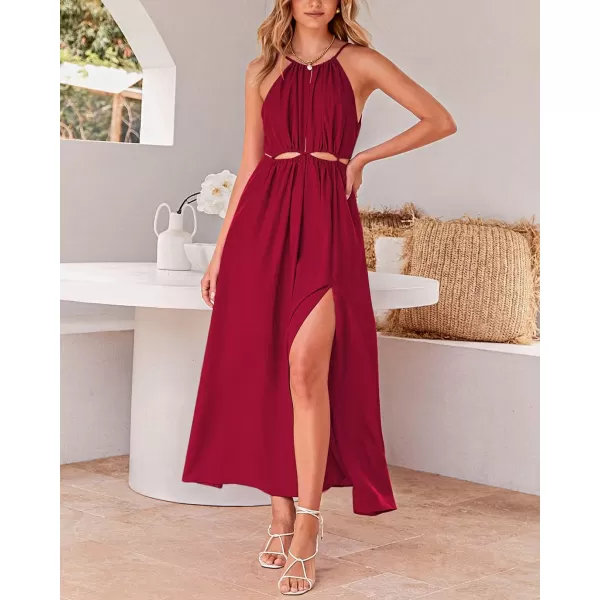 imageBTFBM Women 2023 Summer Sleeveless Cutout Halter Maxi Dress Backless Boho Casual Beach Party Cocktail Slit Sun DressesSolid Red