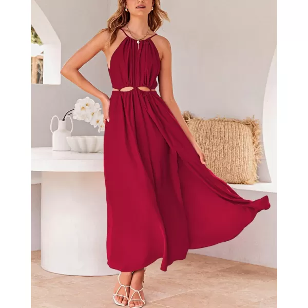 imageBTFBM Women 2023 Summer Sleeveless Cutout Halter Maxi Dress Backless Boho Casual Beach Party Cocktail Slit Sun DressesSolid Red