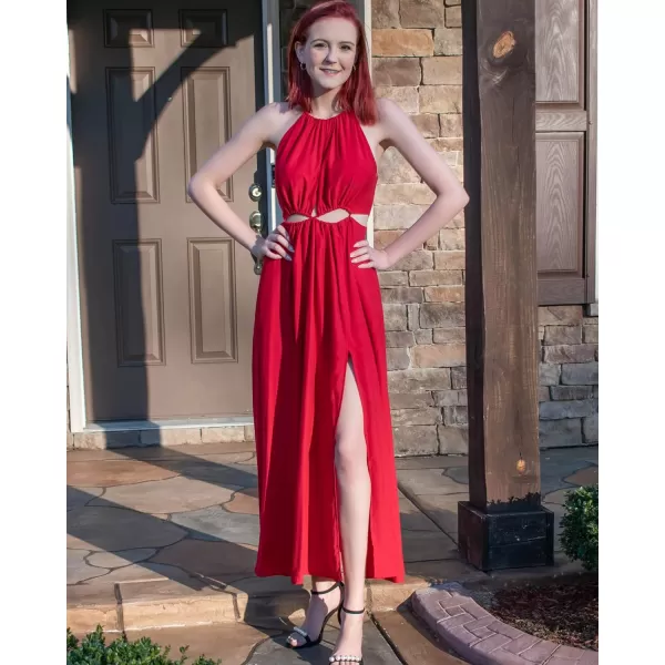 imageBTFBM Women 2023 Summer Sleeveless Cutout Halter Maxi Dress Backless Boho Casual Beach Party Cocktail Slit Sun DressesSolid Red