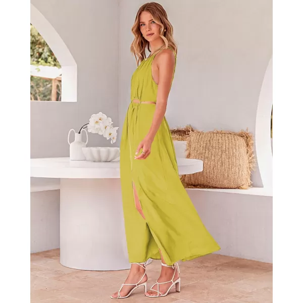 imageBTFBM Women 2023 Summer Sleeveless Cutout Halter Maxi Dress Backless Boho Casual Beach Party Cocktail Slit Sun DressesSolid Yellow