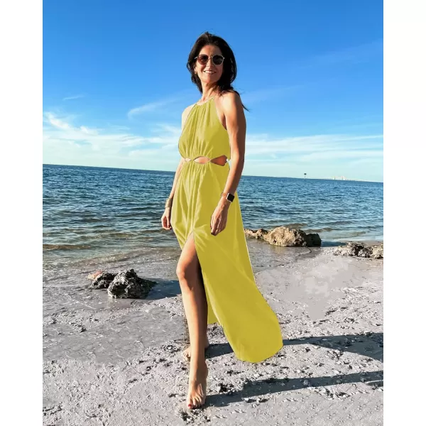imageBTFBM Women 2023 Summer Sleeveless Cutout Halter Maxi Dress Backless Boho Casual Beach Party Cocktail Slit Sun DressesSolid Yellow