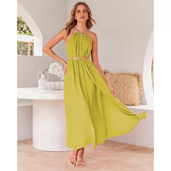 imageBTFBM Women 2023 Summer Sleeveless Cutout Halter Maxi Dress Backless Boho Casual Beach Party Cocktail Slit Sun DressesSolid Yellow