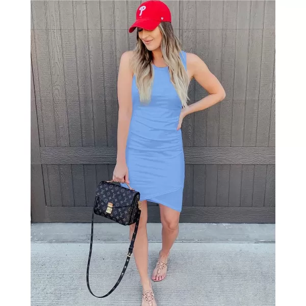 imageBTFBM Women 2023 Summer Sleeveless Tank Dresses Crew Neck Slim Fit Short Casual Ruched Bodycon Party Club Mini DressAiry Blue